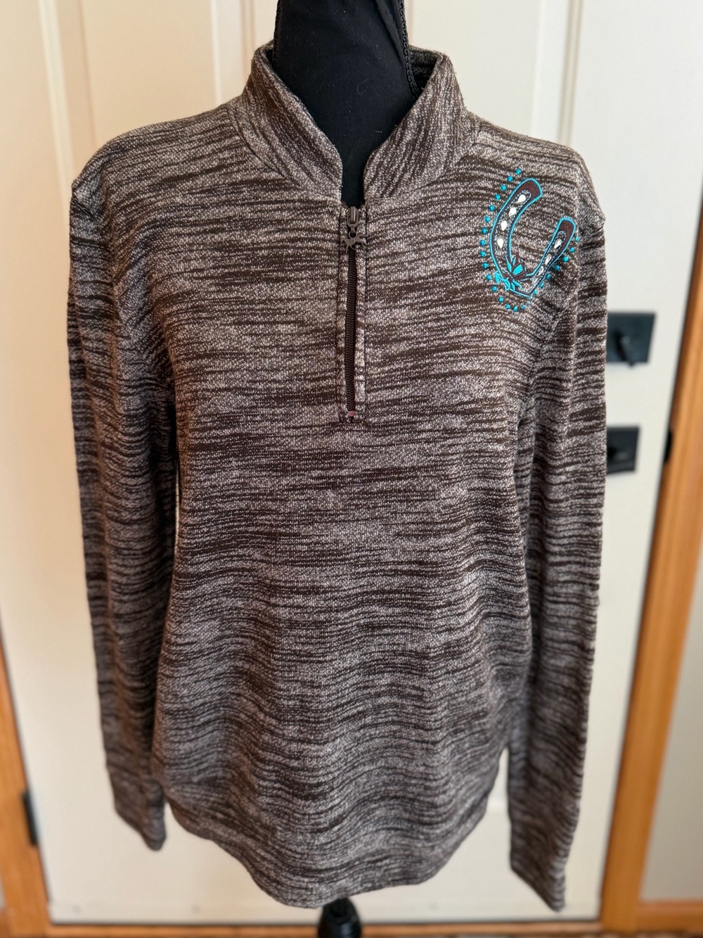 Cowgirl Hardware brown turquoise embroidered bling 1/4 zip pull over. Medium